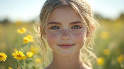 Fototapeta premium Smiling girl in a field of yellow flowers
