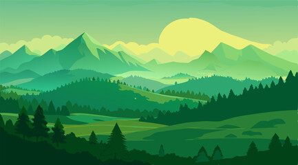 Green Mountain Landscape, Sunset, Nature Scene, Vector Illustration © Mohamed