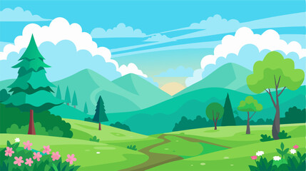 Obraz premium Cartoon Mountain Landscape: Green Hills, Path, Trees