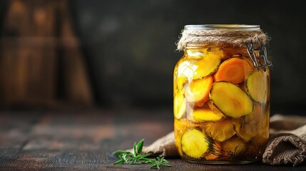 pickled cabbage with carrots in glass jar on dark wooden table