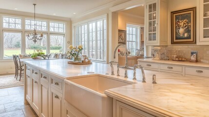 A spacious kitchen sink with dual faucets, one for rinsing and one for dishwashing, set in a clean, modern kitchen with white cabinetry and ample counter space