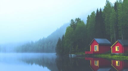 Fototapeta premium Serene red cabins by the misty lake surrounded by evergreen trees