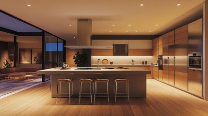 A spacious open-concept kitchen with a modern island, bar stools for seating, and stainless steel finishes, perfect for hosting dinner parties and family gatherings