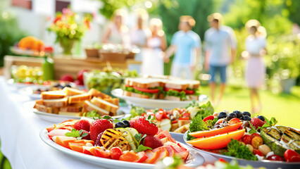 Outdoor Garden Party Food Buffet for Summer Celebration Catering Event. Fresh Al Fresco Dining Table with Appetizers, Salads, Fruits.