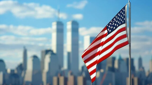 American flag fluttering with Twin Towers backdrop