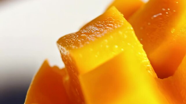 Close-up of ripe yellow mango chunks, featuring juicy pieces, tropical freshness and vibrant color, ideal for culinary or healthy eating visuals.