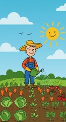 Happy Farmer Watering His Garden Under Sunny Day