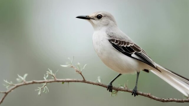 Elegant northern mockingbird perched gracefully on a slender branch against a soft muted green background, showcasing its plumage.
