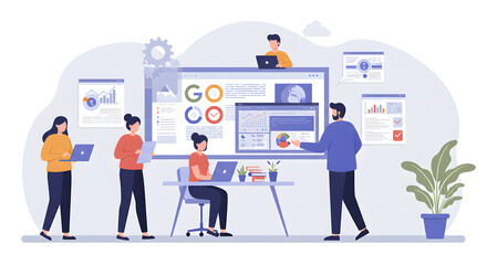 Business Team Analyzing Data on Computers in Modern Office