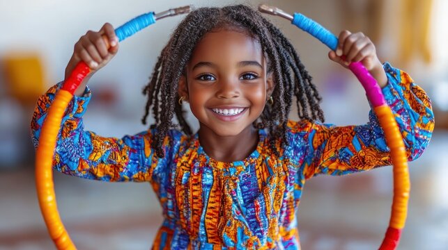 Smiling girl playing with hula hoop indoors (1) - Powered by Adobe