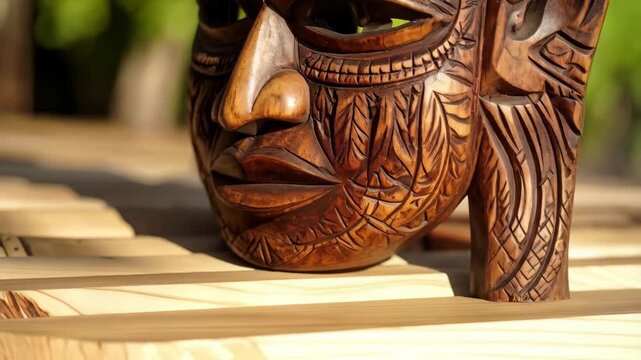 Hand carved wooden face mask with intricate tribal designs displayed outdoors on a wooden surface in natural light.