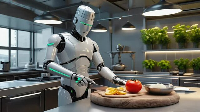 A sleek humanoid robot chef tomato wooden cutting futuristic kitchen, glowing neon accents, clean stainless steel, red tomato sharply contrasts metallic environment, cinematic 4K realistic CG style