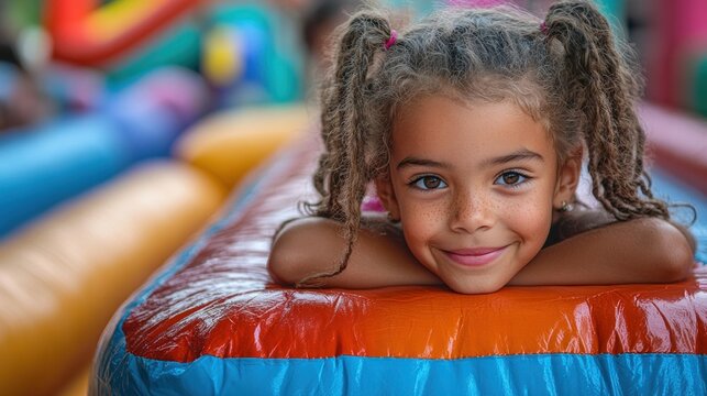 Smiling girl resting on inflatable at playground