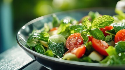 A sprig of fresh mint resting near a refreshing summer salad, ready to enhance the dish with its cool, bright flavor