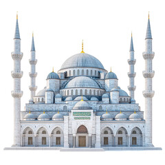 Front view of the Sultan Ahmed Mosque isolated on a white transparent background