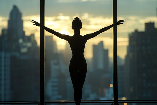 Silhouette of a ballet dancer stretching at the barre