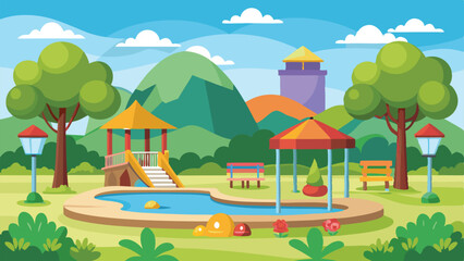 Naklejka premium Cartoon illustration of a park with a pond, tower and green scenery