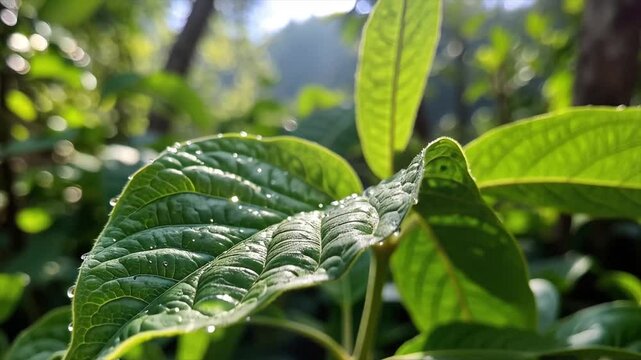 Macro 3D scene in a tropical rainforest, focusing on a single green leaf with ultra-detailed water droplets falling in slow motion. Photorealistic lighting, ambient jungle sounds, high texture realism
