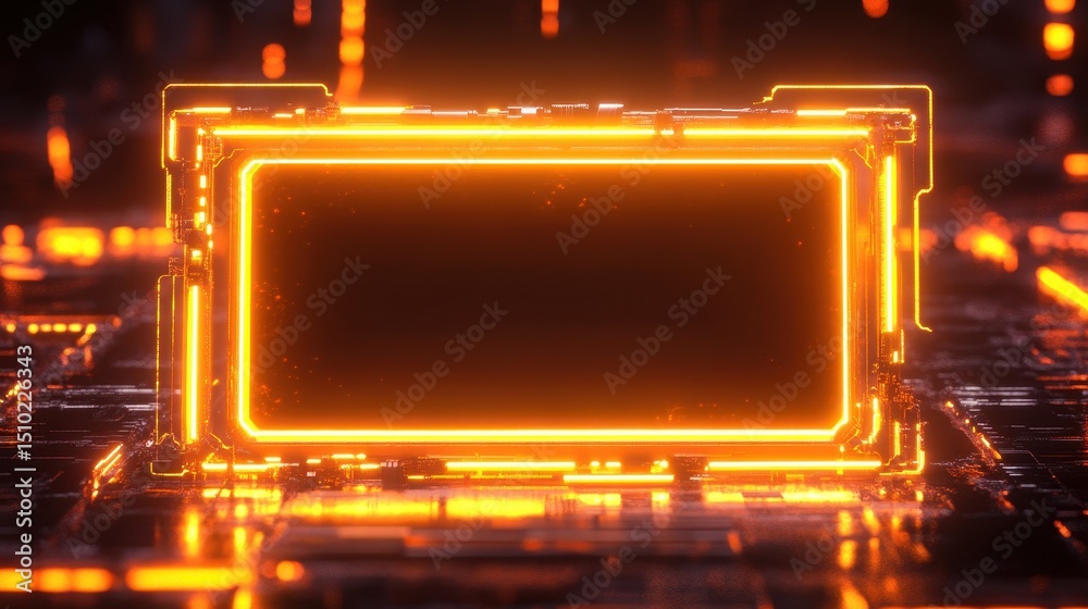 Poster digital display in cyber world: a glowing rectangular display embedded in a complex electronic circu