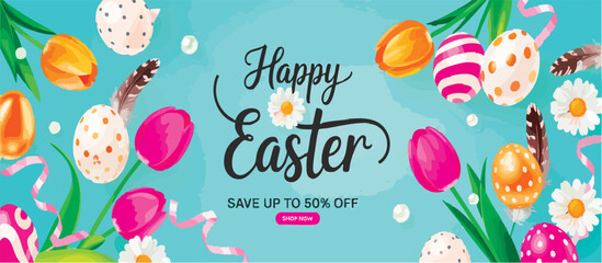 Easter Sale Banner with Colorful Eggs, Bunny Ears, and Grass on Blue Background