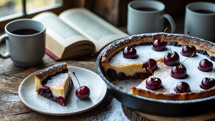 Delicious Cherry Clafoutis Dessert with Coffee and a Cozy Book