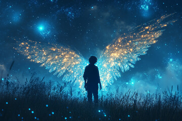 Silhouette of a celestial being with galaxies forming their wings