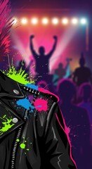 Neon Punk Rock Concert: A vibrant illustration of a leather jacket splashed with neon paint, set against the backdrop of an energetic concert.