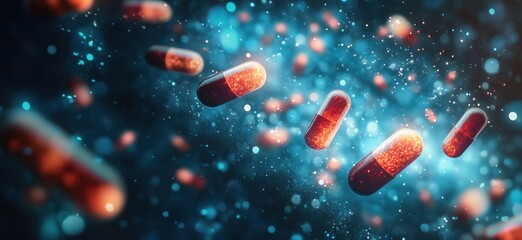 Colorful capsules floating in abstract space with glowing particles and bokeh effects