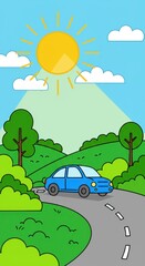 Sunny Day Road Trip: Cartoon Car on Scenic Route