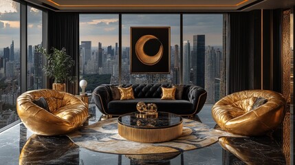 Luxurious penthouse lounge with panoramic city views