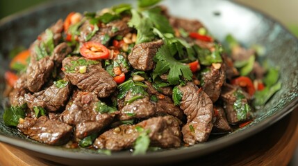 A Thai-style beef salad, yum nuea, with tender grilled beef, fresh herbs, and a tangy dressing, offering a perfect balance of spicy, sour, and savory flavors