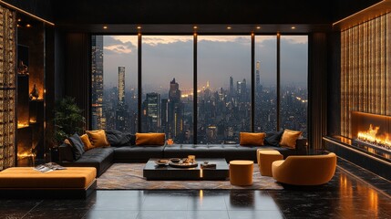 Modern luxury penthouse living room with city views
