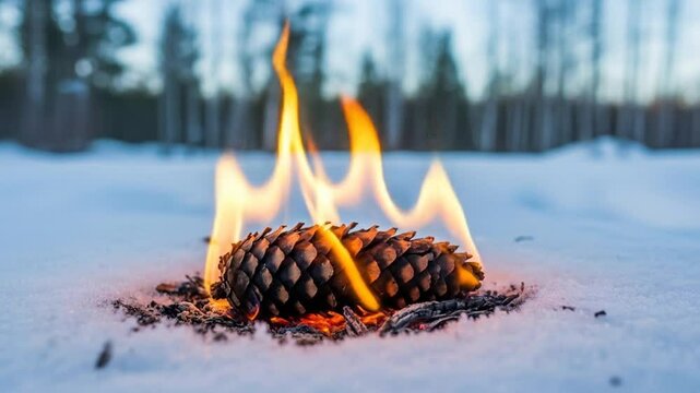 Burning Pine Cone in Winter Snow at Dusk