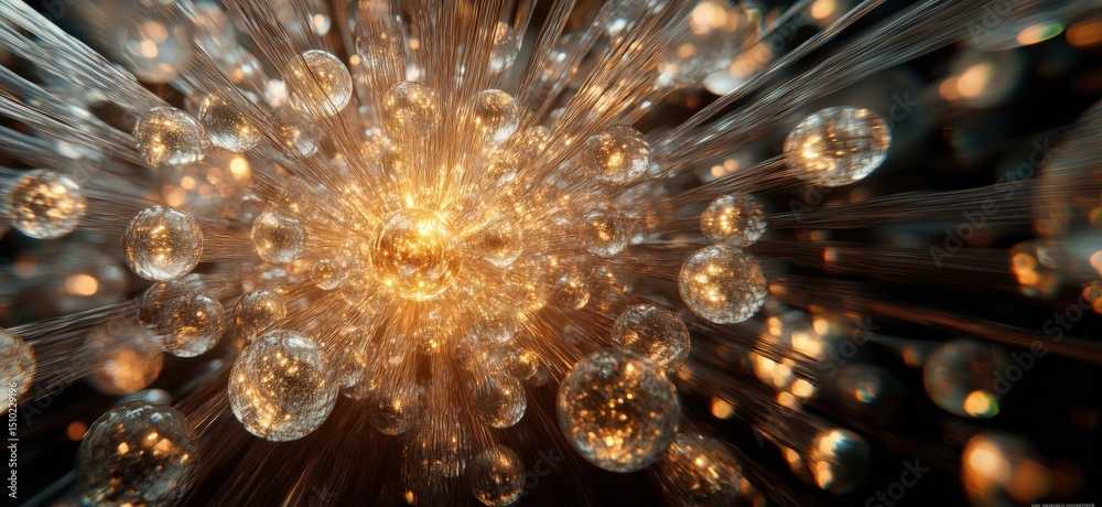 Poster abstract explosion of glowing spheres and light rays creating dynamic energy effect