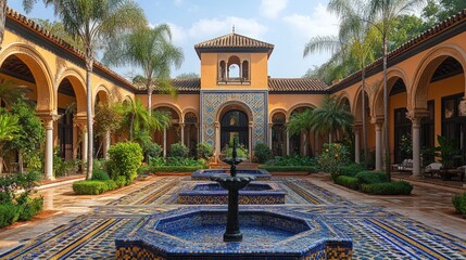 Moorish courtyard with colorful tiled fountains