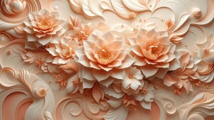 Wallpaper sticker, vintage background with floral ornament, Elegant 3D Floral Wallpaper Sticker in Peach 
