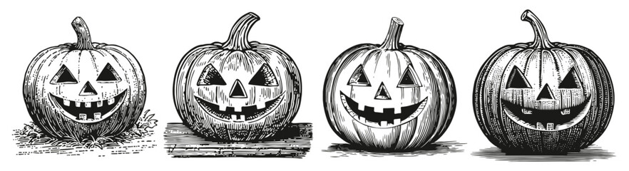 Vintage Black and White Illustration of Four Halloween Pumpkins, Logo Design, Hand drawing Engraving, Vector Illustration Isolated Object