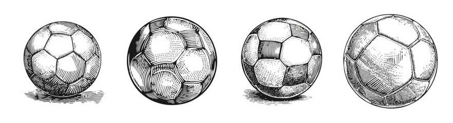 Vintage Illustration of Four Different Soccer Balls in Detail, Logo Design, Hand drawing Engraving, Vector Illustration Isolated Object