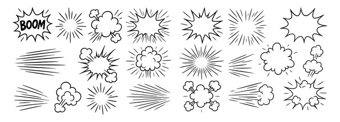 Cartoon Speed Line and Boom Motion Effect Set Explosive Action Elements Vector Illustration