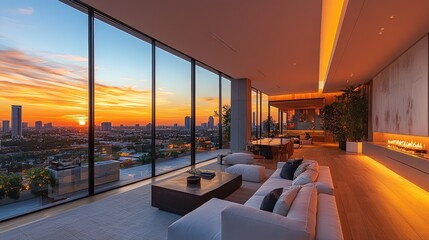Luxury penthouse living space with panoramic city sunset views