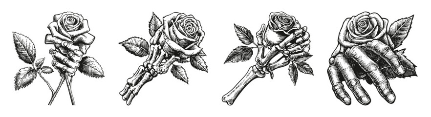 Intricate Art of Roses with Skeleton Hands Illustrating Life and Death, vector illustration, engraving design, logo design set, black and white line, template design element