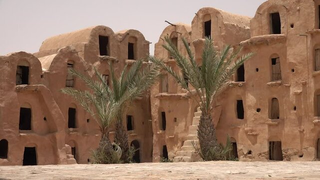 Courtyard of Ksar Ouled Soltane, an impressive historic granary that was also the filming location of a Star Wars movie. Landmarks and travel in Tunisia.
