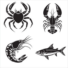 Obraz premium set consisting of crayfish, fish, crab, shrimp, vector, black and white graphics 
