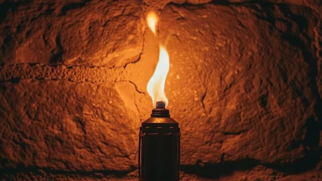 Burning torch on a stone wall background