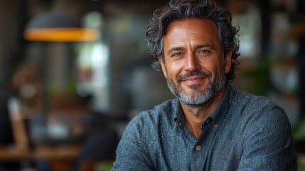 Obraz premium Smiling man in cafe, relaxed indoor setting, blurred background