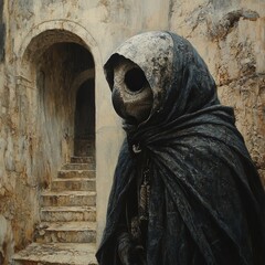 Mysterious figure in dark hooded robe, ancient stone archway