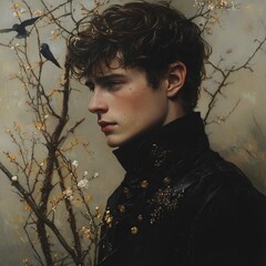 Portrait of a young man, detailed artistic rendering.  Nature elements, birds, and delicate blossoms surround him