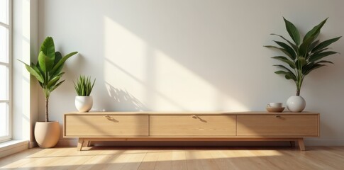 Low-slung wooden furniture with minimal ornamentation, minimalist, space, living room