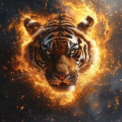 Fierce tiger head surrounded by flames