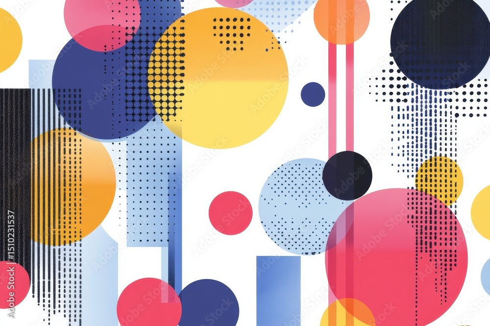 Poster abstract geometric pattern: vibrant circles, rectangles, and dotted patterns intertwine in a dynamic